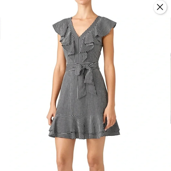 J.O.A. Dresses & Skirts - J.O.A. Stripe Ruffle Faux Wrap Dress XS